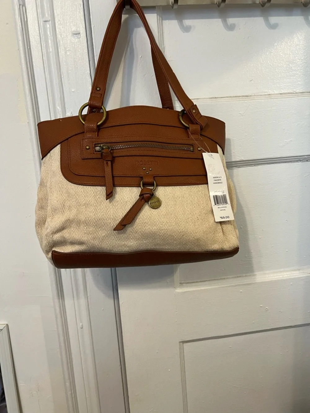 Rosetti Cream Canvas and Brown Faux Leather Shoulder Bag